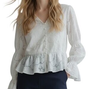 Elizabeth and James White Floral Burnout  Blouse Bell Sleeve Large Fairy Lace